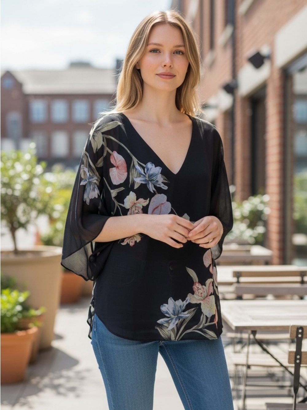 White House Black Market Black Floral V-Neck Chiffon Tunic